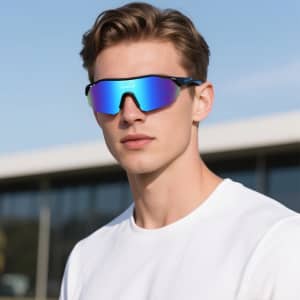 A pair of sports cycling sunglasses with mirrored lenses, set against a backdrop of a modern building.