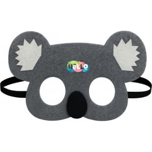 A koala-shaped felt mask in grey with white ears and a black nose, featuring a colourful logo.