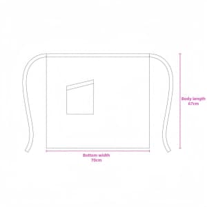 A half apron design in white with a front pocket, featuring measurements for width and length.