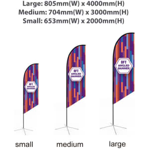 A promotional large angled feather banner, featuring vibrant multicoloured patterns, with a logo at the top.