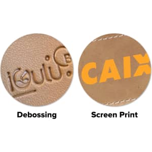 Two close-up views of different branding techniques on tan leather: one featuring debossing and the other showcasing screen printing.