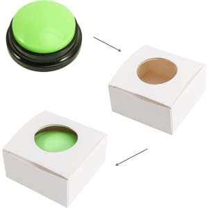 A green voice recording button on a black base, positioned above two white boxes with circular cut-outs.