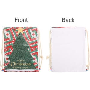 A festive sequin drawstring bag featuring a green Christmas tree design on the front and a plain white back.