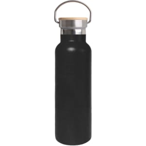 A drink bottle in black with a bamboo lid and metal handle, featuring a branding logo.