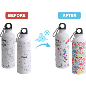 A drink bottle showing a white aluminium bottle with a unicorn design, changing colours to a vibrant rainbow pattern. Includes a logo.