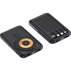 A black 10000mAh magnetic wireless power bank featuring multiple ports and a logo.