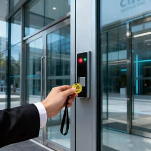 A hand holds a yellow NFC round tag near a card reader on a glass door, with a green light illuminated.
