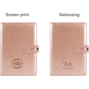 A textured, beige PU notebook with a clasp, featuring options for screen printing and debossing.