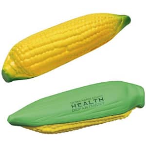 A yellow corn-shaped stress reliever with green accents, featuring a logo. Promotes fun and relaxation.