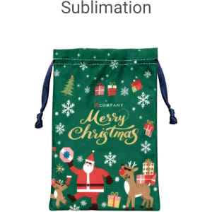 A green polyester drawstring gift bag featuring festive Christmas illustrations, including Santa and reindeer. It has a logo.