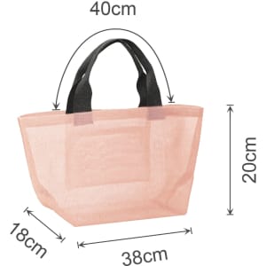 A pink mesh beach tote bag with black handles, measuring 40cm wide, 18cm deep, and 20cm high. It has a logo.