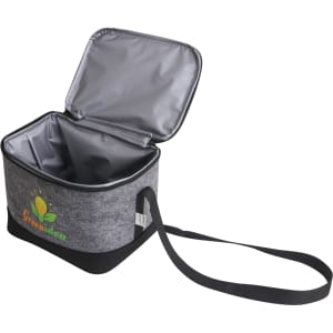 A grey felt cooler bag with a silver interior and a black strap. It features a logo on the front.