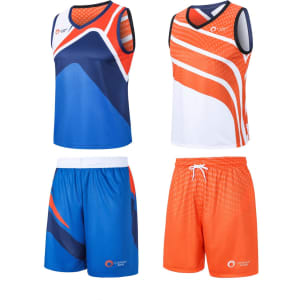 Reversible basketball shorts and matching tank tops in blue, orange, and white with a logo.