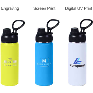 A drink bottle in vibrant yellow, blue, and white, featuring carry handles and a logo on each bottle.