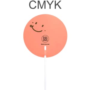 A round, transparent PVC hand fan in orange with a smiling face design and a white handle. Features a logo design.