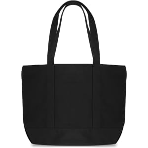 A black canvas zippered tote shoulder bag with two long handles and a simple design.