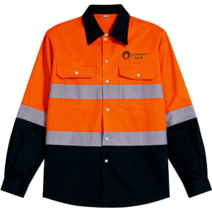 A unisex long-sleeve shirt in hi-vis orange and black, featuring reflective stripes and a logo.