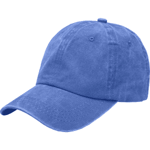 A vintage washed baseball cap in a vibrant blue shade features a soft texture and an adjustable strap.