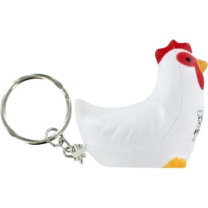 A white rooster stress reliever keyring with a red comb and yellow beak, attached to a silver keychain.