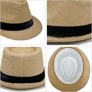 A straw hat in a natural tan colour with a black fabric band around the base. Includes an internal lining.