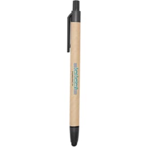 A pen with a natural wood finish, black accents, and a stylus tip. It features a logo on the surface.