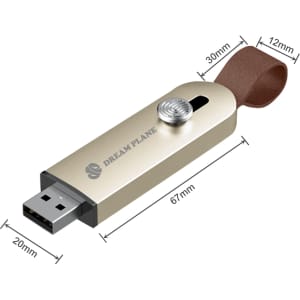 A sliding metal flash drive in gold and black, featuring a brown strap and a logo on the side.