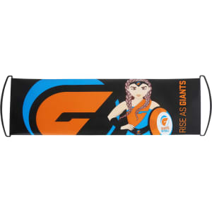 A hand-held roll out fan flag featuring vibrant orange, black, and white colours with a logo and character illustration.