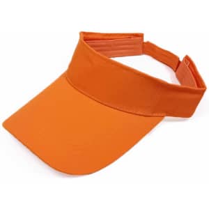 An orange sport visor with a wide brim and adjustable strap, featuring a logo on the side.