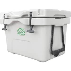 A white 25L cooler box with a logo, featuring a secure lid and carry handles.