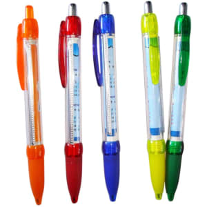 A selection of plastic pens in orange, red, blue, green, and yellow, featuring clear barrels and a logo.