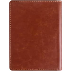 A RFID PU leather passport holder in a rich brown colour with a textured finish and stitching detail. It features a logo.