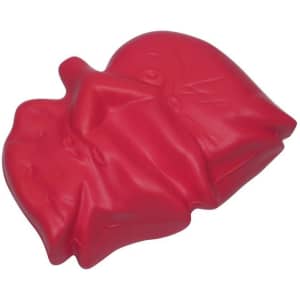 A red lung-shaped stress reliever with a smooth texture and flexible design. It features a logo on the surface.