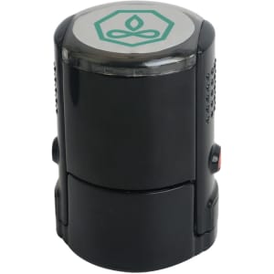 A black custom self-inking stamp with a green logo on the top.