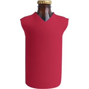 A drink bottle is wrapped in a vibrant red cooler with a v-neck design and ribbed texture. It features a logo.