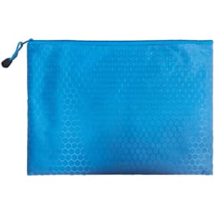 A blue zip bag with a textured honeycomb pattern and a zip closure. It features a small pull tab.