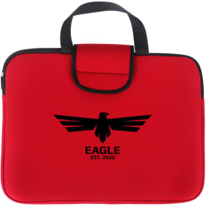 A red laptop bag featuring a black logo with an eagle design and a top handle.