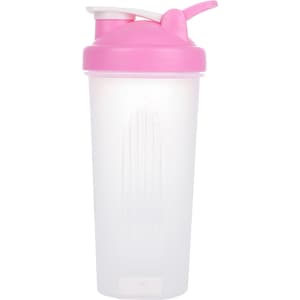 A drink bottle with a pink lid and a transparent body, featuring a logo and a loop for easy carrying.