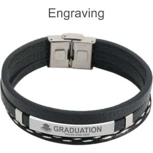 A multi-layer braided leather bracelet in black, featuring a metal clasp and a rectangular engraved plate.