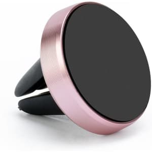 A clip-on car phone holder with a rose gold rim and a black magnetic surface, designed for dashboard attachment.