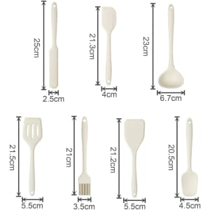 A set of beige silicone kitchenware, including spatulas, a ladle, a brush, and a slotted turner, with measurements provided.