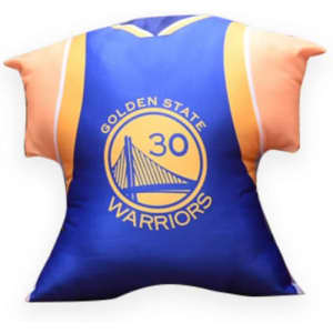 A custom pillow shaped like a sports jersey, featuring blue and orange colours with a logo.