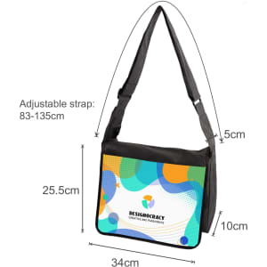 A full colour messenger bag in vibrant blue, green, and yellow, with an adjustable black strap and a logo.