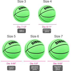 A collection of glowing PU basketballs in various sizes, featuring a bright green colour and a logo.