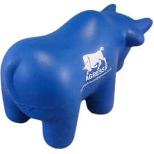 A blue bull-shaped stress reliever with a logo on one side.