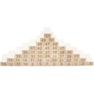 A wooden block game featuring numbered blocks arranged in a pyramid shape, primarily in a natural wood colour.