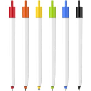 A collection of push button pens featuring creamy white barrels with caps in red, orange, yellow, green, blue, and black.