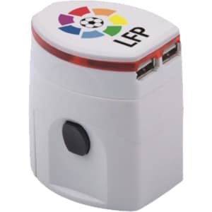 A white travel adapter with two USB ports and a logo, featuring a light-up design in multiple colours.