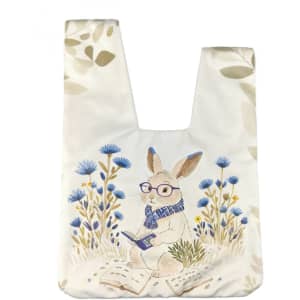 A short pile wrist bag featuring a rabbit in glasses, surrounded by blue flowers and greenery, with a subtle logo.