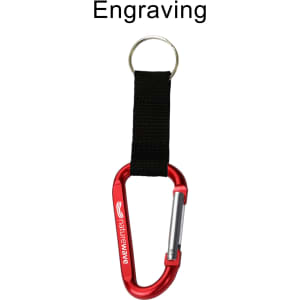 A red carabiner keychain with a black strap, featuring a logo and a keyring attachment.