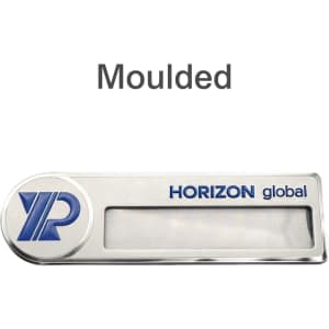 A custom reusable metal name badge in silver with a logo and a clear display area for names.